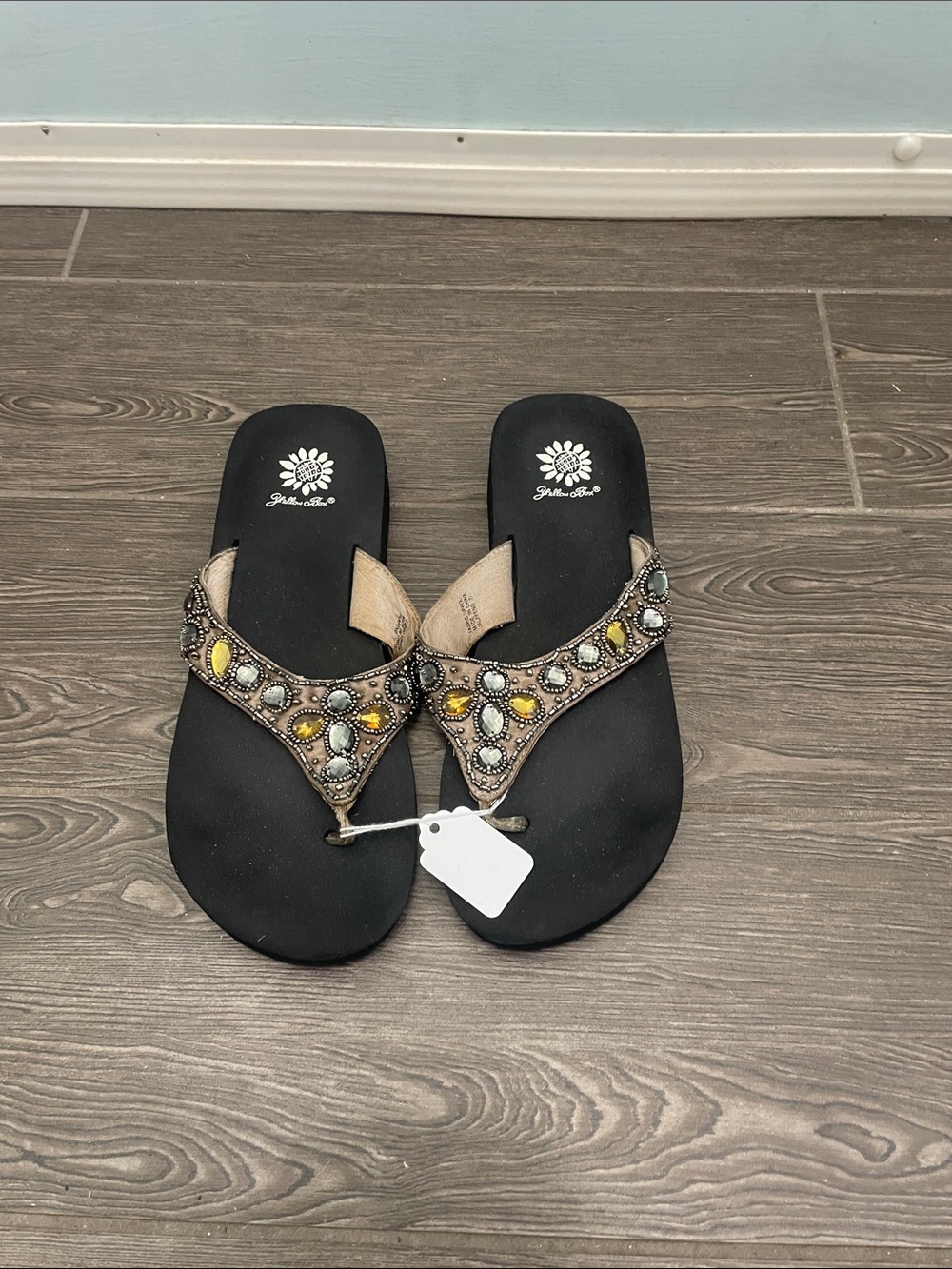 Yellow Box Black Sandals with Yellow and Silver Bead Accents
